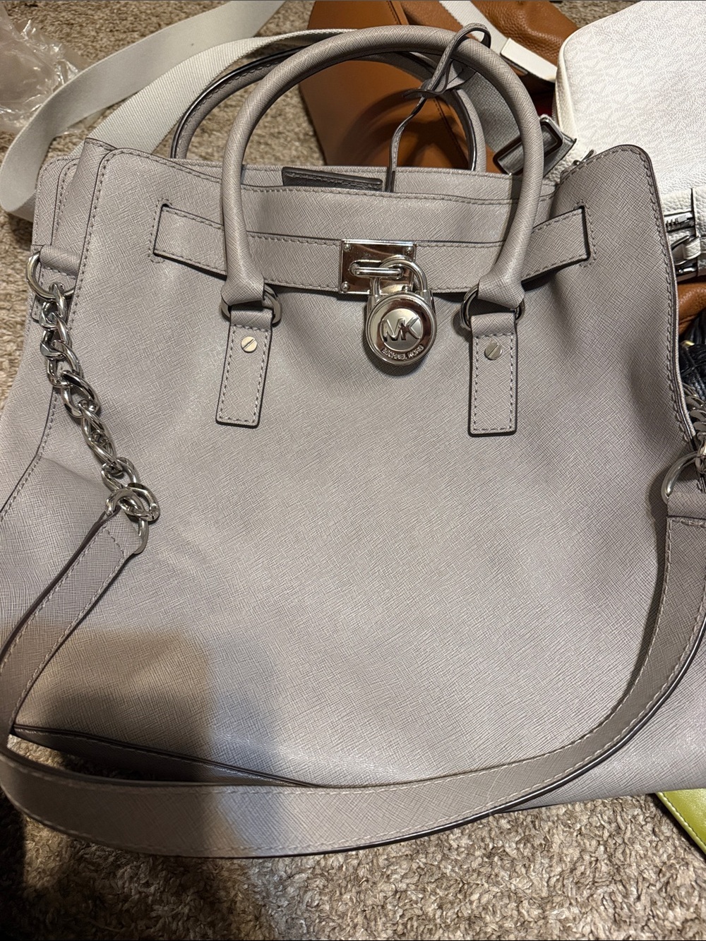 Michael Kors Light Gray Saffiano Leather Satchel with MK Lock